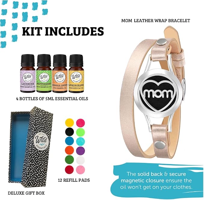 Wild Essentials MOM Essential Oil Leather Wrap Bracelet Diffuser Kit, Gift Set, Lavender, Lemongrass, Peppermint, Orange Oils, 12 Pads, Customizable Color Changing Perfume Jewelry, Aromatherapy