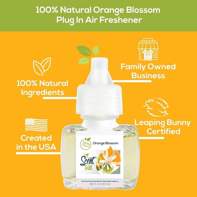 Scent Fill 100% Natural Orange Blossom Plug in Air Freshener, Scented Oil Refills, 2 Refills + Diffuser