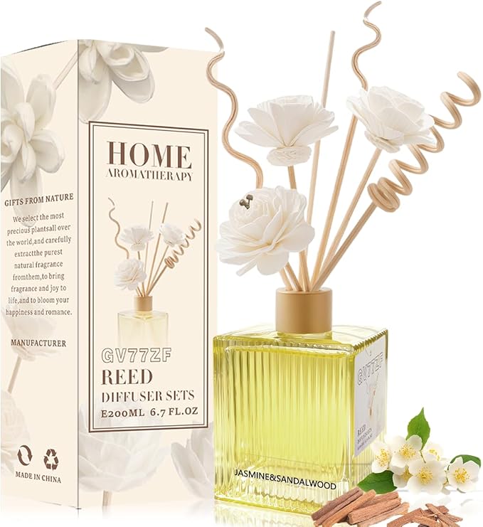 Jasmine & Sandalwood Reed Diffuser - 6.7 oz Glass Bottle with 4 Rattan Sticks, 3 Dried Flowers | Adjustable, Long-Lasting Scent for Home, Bedroom, Living Room, Office, Bathroom | Aromatherapy Gift