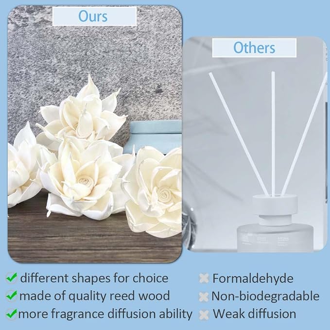 Flower Diffuser Sola Wood Flowers Natural Material Aromatherapy Reed Decorative Aromatherapy Flower Refill Diffuser Reeds, 7Pcs Flower, 10 Pcs Diffuser Rattan