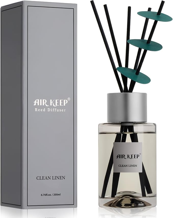 Airkeep Reed Diffuser/Grey Reed Diffuser Set/6.7 oz(200ml)/Clean Linen Oil Diffuser & Reed Diffuser Sticks/Home Decor & Office Decor, Fragrance and Gifts