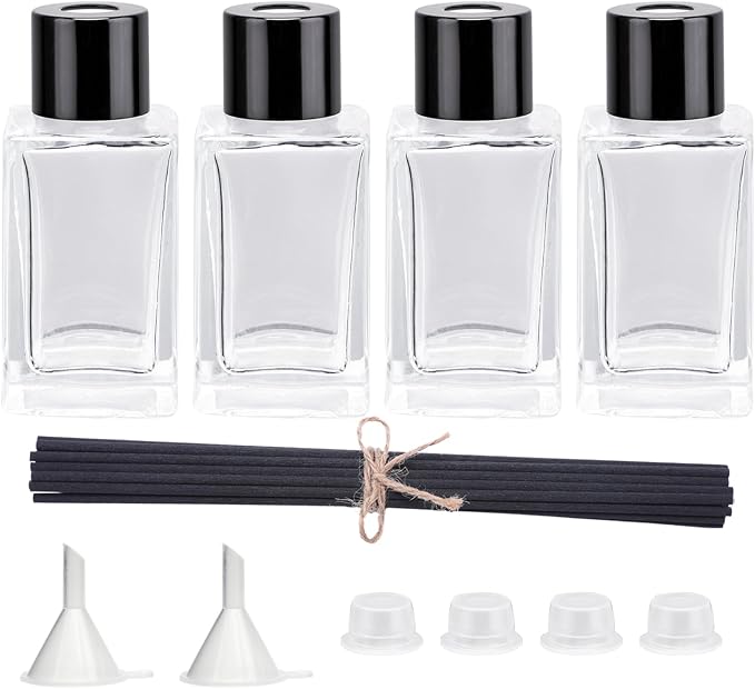 4PCS Empty Glass Fragrance Reed Diffuser Bottles, Refillable Diffuser Bottles with 20pcs Reeds Sticks & Black Caps & Funnel, Diffuser Jars for Home Oil Fragrance Decoration (50ML)