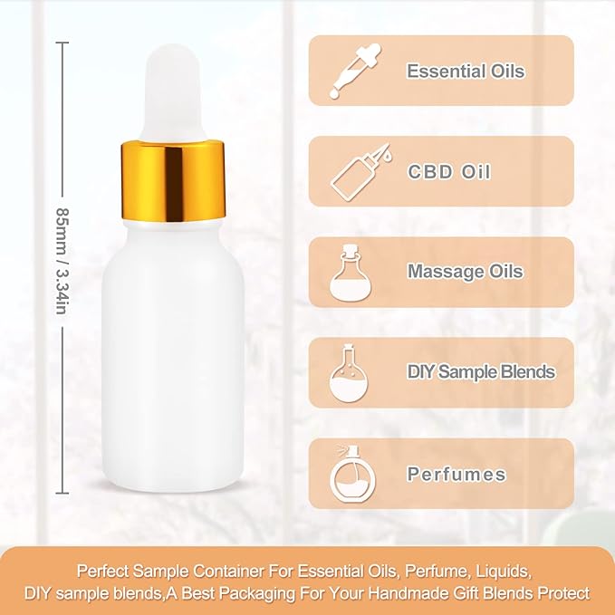 6 Pack Dropper Bottle for Essential Oils, Empty Liquid Holder With Glass Eye Dropper, Golden Caps Travel Perfume Cosmetic Container - Pipette & Funnel Included (15ml/0.5 fl oz)