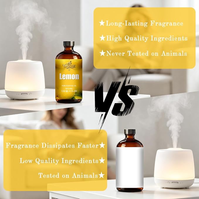 Lemon Essential Oil, Lemon Oil 4 Fl Oz 120ml for Diffuser Yoga Soap & Candle Making – with 0.33 Oz Roller Ball & Dropper YHSESSE Essential Oils
