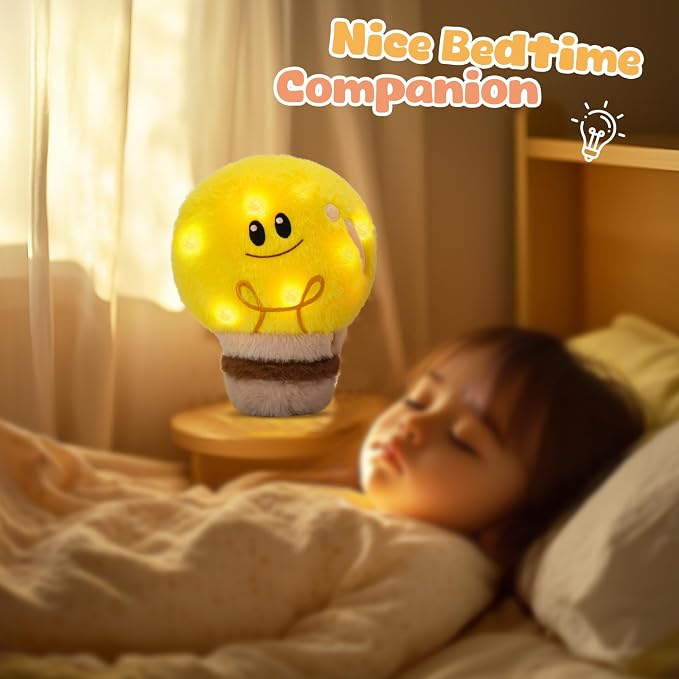 WEWILL 8'' Light up Light Bulb Stuffed Animal Cute Light Bulb Soft Plush Toy Birthday Christmas Holiday Weekend Gift for Toddler Kids, Boys, Girls