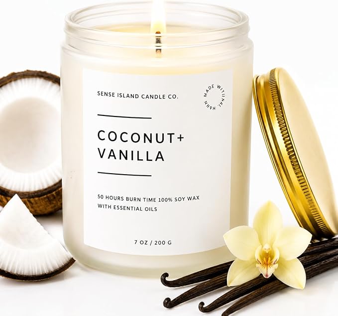 Coconut Vanilla Scented Candle– 7oz Soy Wax | Coconut and Vanilla Cozy Sensual Aroma | Long Lasting Highly Scented Candle for Women | Warm Gourmand Fragrance | Gift for Her, Bedroom or Bath