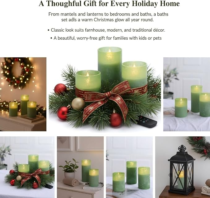 ANGELLOONG Green Flameless Candles with Remote, Glass Battery Operated LED Pillar Candles Flickering for St. Patrick's Day Christmas Home Decor, Set of 3