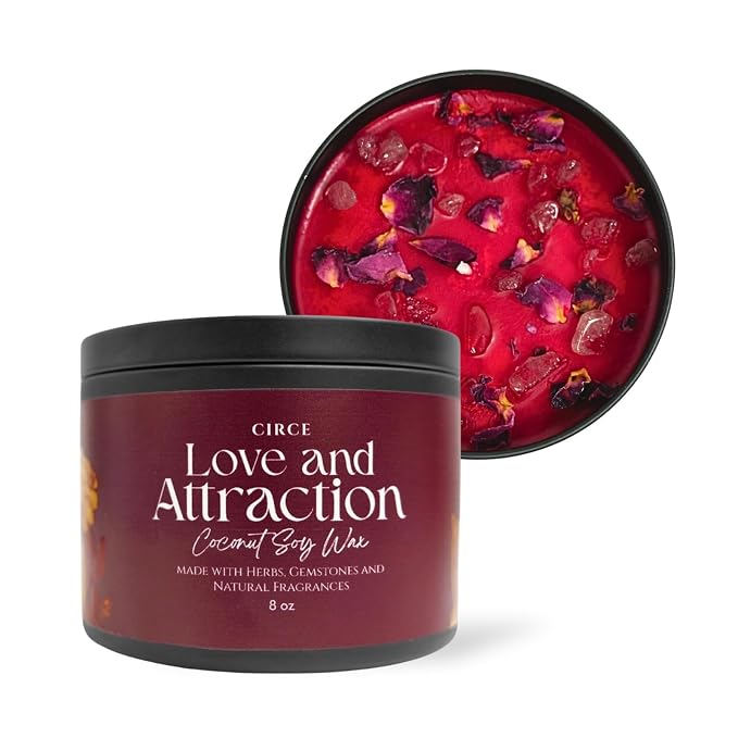 Circe Spell Candle “Love & Attraction” Coconut Soy Wax Candle Jar – Premium Hand Poured & Long Burning – Herbs, Crystals & Natural Fragrance Oils- Draw Love, Connection & Passion- Self Care, Gift- 8oz