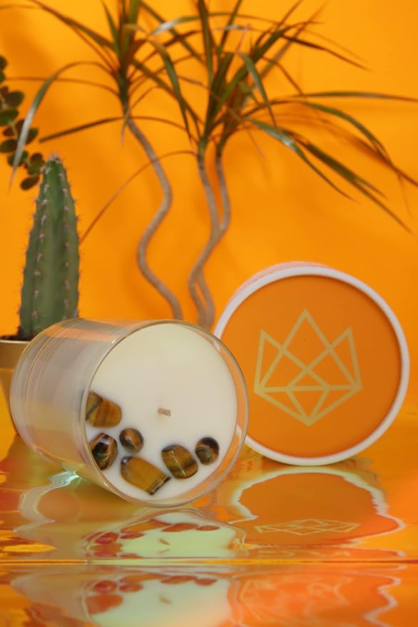 Tiger Eye Crystal Infused Luxury Glass Jar Candle, 14.5 OZ, Strength - Scents of Cedarwood, Amber, & Sage - Power, Courage, & Expansion - Coconut Wax, Meditation, Yoga, Metaphysical