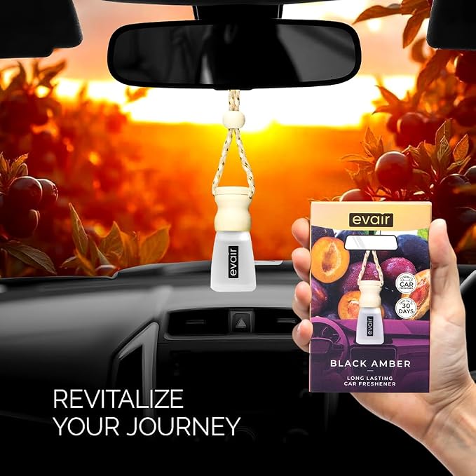 Evair Car Air Freshener | Hanging Air Freshener Car Diffuser | Long Lasting Scents made with Essential Oil | Alcohol Free (Black Amber)