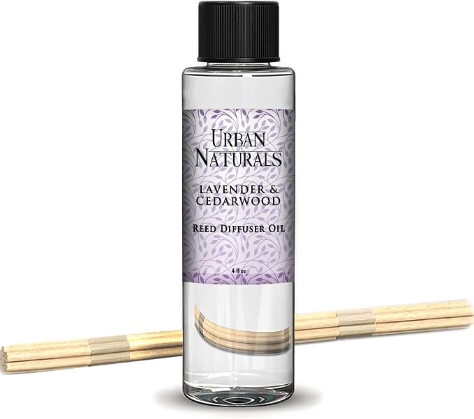 Urban Naturals Reed Diffuser Oil Refill Lavender Cedarwood, Lavender, Cedarwood, Herbal Aromatherapy Blend, 4 oz + Free Reed Sticks, Made in the USA