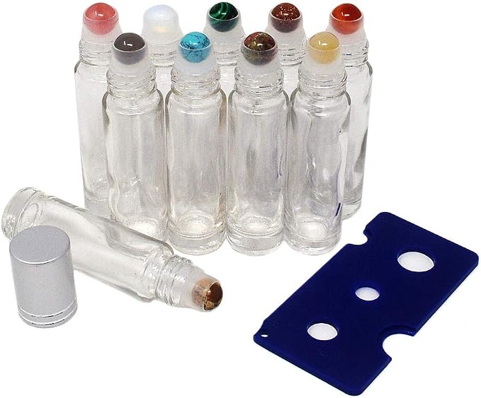 fengshuisale 10pcs Clear 10ml Empty Refillable Glass Bottles with Crystal Semiprecious Stones Essential Oil Gemstone Roller Ball Bottles with Silver Lid with Free Bag W3900 (Multi-2)