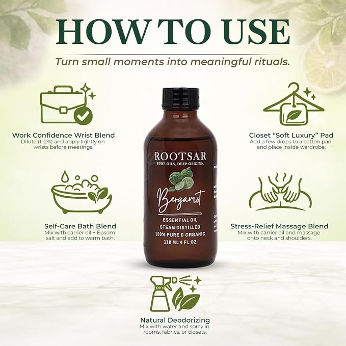 Bergamot Essential Oil – 100% Pure Organic Bergamot Oil, Cold Pressed, 4 FL OZ / 118 ML – Premium Essential Oil for Diffuser, Aromatherapy, Massage, Skin Care, Candle & Soap Making