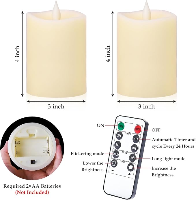 3"x4" Flickering Flameless Battery Candles with Timer, Ivory Realistic LED Pillar Candles, Set of 2 Large Remote-Operated Candles for Home Indoor/Outdoor & Holiday Decor