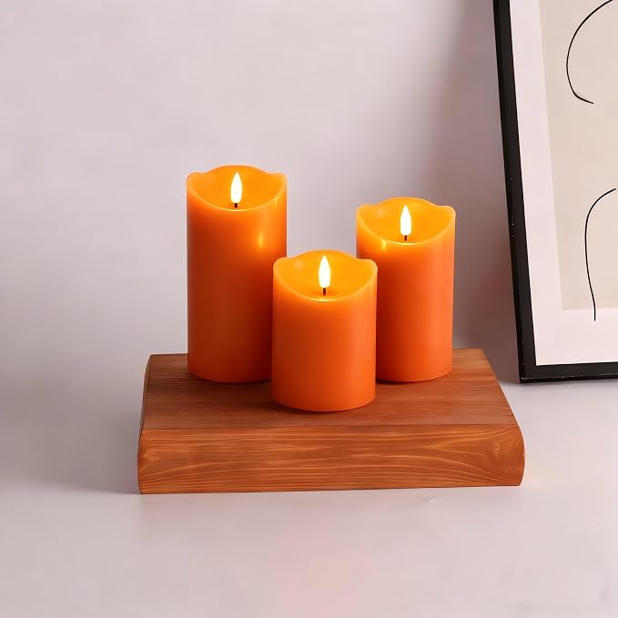 Burnt Orange Flameless Pillar Candles with Remote, LED Wax Candles Flickering Table Centerpiece Decor Set of 3