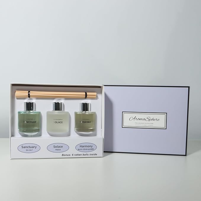 Reed Diffuser Set of 3 | Aromatherapy Fragrance Oil | 12 Sticks and 6 Rattan Balls, 3 x 50ML | Home, Office, Bathroom, Bedroom Essentials (Sea Salt, Freesia, Black Cedar & Juniper, Purple Edition)