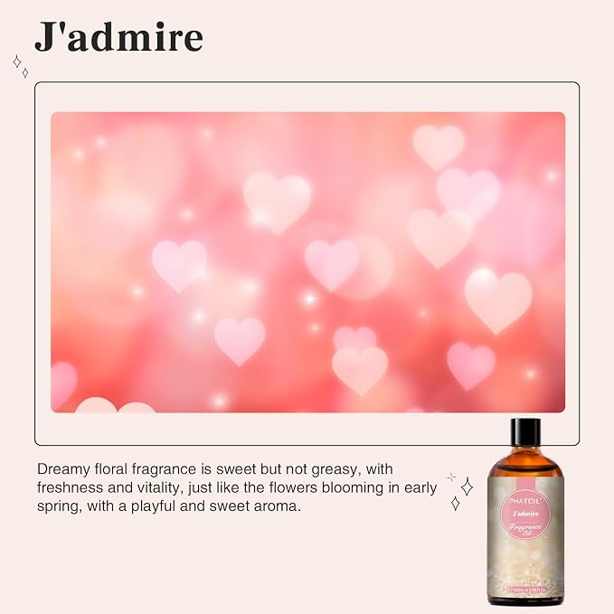 PHATOIL J'admire Fragrance Oils for Aromatherapy, 3.38FL.OZ Diffuser Oils for Home, Perfect for Aromatherapy, Humidifiers, Yoga, DIY Candle and Soap Making - 100ml