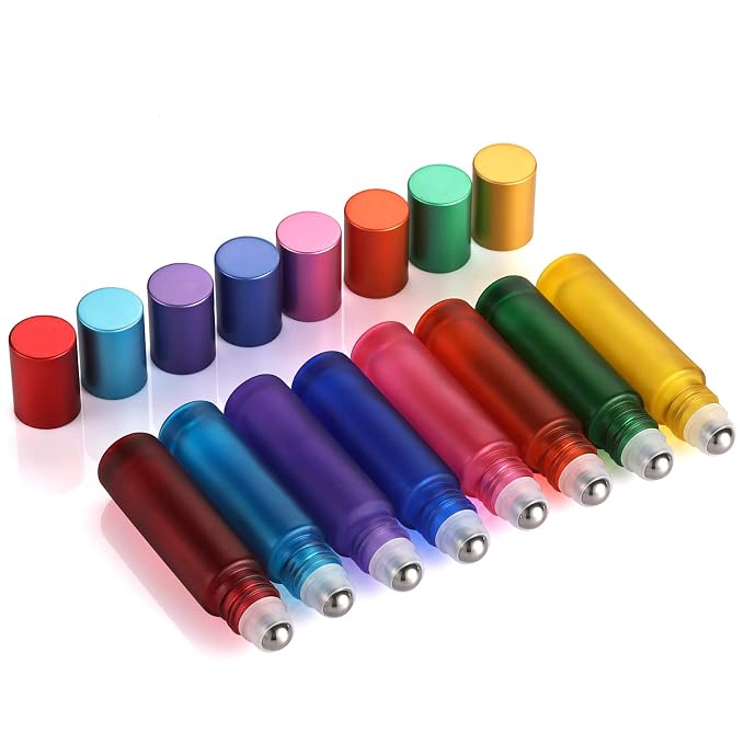 8Pcs 10ml 1/3oz High-grade Colorful Frosted Roll on Bottles Thick Glass Massage Roller Bottles Tube Vials Containers for Essential Oils Aromatherapy Perfumes Lip Balms 1pc 3ml Dropper