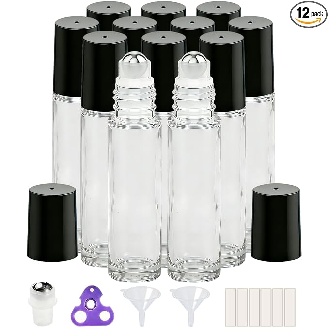 PrettyCare 12 Pack, 10 ml Essential Oil Roller Bottles with Stainless Steel Roller Ball - Refillable Leak-proof Empty Thick Clear Glass Roll on Bottles with Black Caps for Travel, Perfume