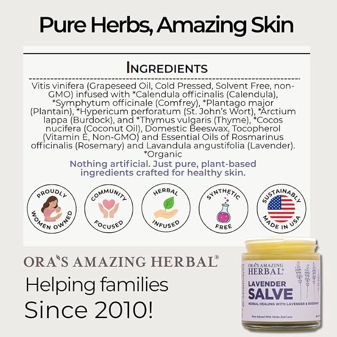 Ora's Amazing Herbal Lavender Salve Ointment, Sleep Balm, Lavender Essential Oil, Aromatherapy for Relaxation Anxiety Relief & Massage, Dry Skin Hand Repair Cream Calendula Coconut Oil, 4 oz