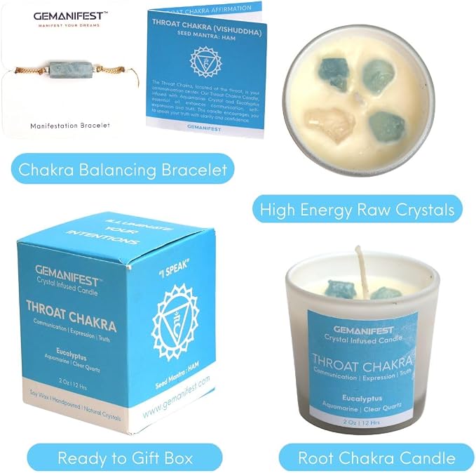 Throat Chakra Candle with Healing Crystals and Aquamarine Bracelet Eucalyptus Candle Spiritual Candles for Positive Energy Meditation Communication Clarity