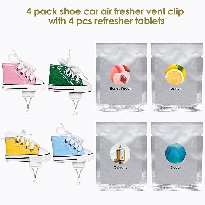 4 pack Car Air Fresheners Cute Shoes Car Air Vent Clip Freshener with 4PCS Reusable Scents Tablets Refills Cars Accessories for Women/Men Cars Interior Decoration Best Gift for Friend