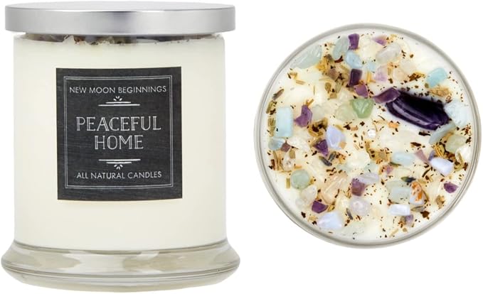 New Moon Beginnings Peaceful Home Candle - Stress Relief, Energy Clearing, All Natural Essential Oil Soy Candle - Crystal Candles (12oz Glass Jar, Eucalyptus, Mint)