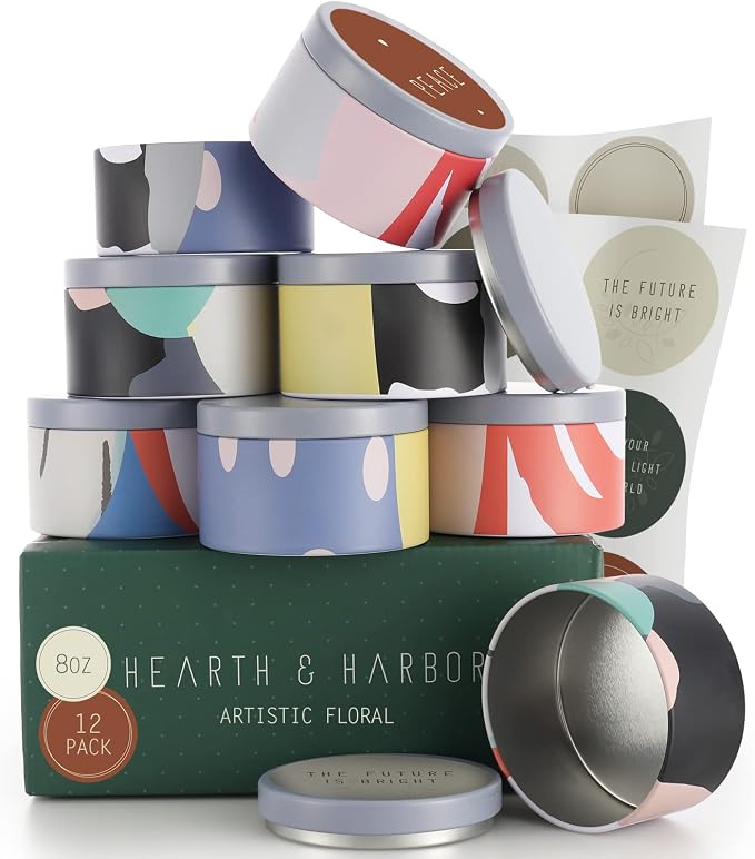 Hearth & Harbor Tin Candle Jars for Making Candles - DIY Candle Containers with Lids - Metal Candle Jars - Bulk Tins Storage for Candle - (12 Pieces) - (8 Ounces) - Artistic Floral
