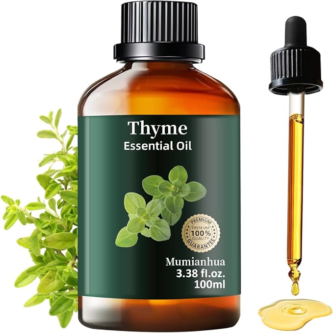 Thyme Essential Oil, Pure Mumianhua Natural Outdoor Shield & Barrier Spray, Herbaceous Aroma for Patio, Garden, Camping, Air Purifying Diffuser, Skin & Hair – 3.38 Fl Oz