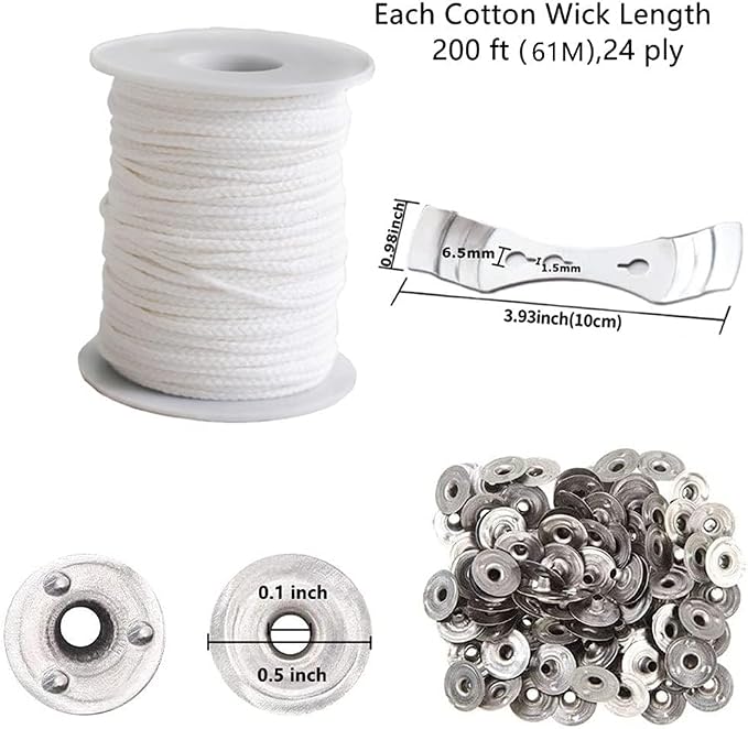 400 ft Cotton Candle Wick,24 PLY Braided Cotton Candle Making Wicks Spool + 200 Pieces Metal Sustainer Tabs + 1 Piece Centering Device Holder Set for DIY Crafts