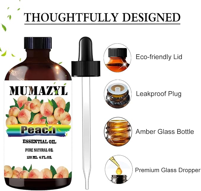 Peach Essential Oil, Peach Oil 4 Fl Oz 120ML for Diffuser Humidifier Yoga Cleaning DIY Candle Soap Making MUMAZYL Essential Oils