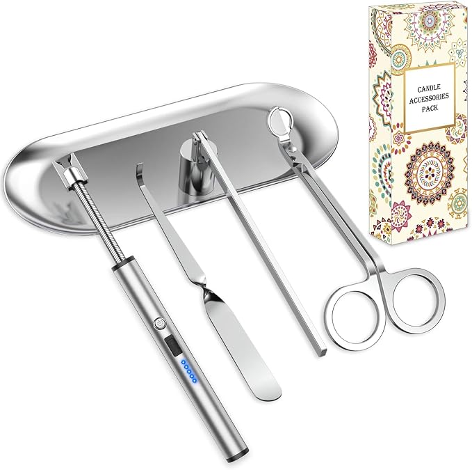 5 in 1 Candle Care Kit, Elegant Candle Wick Trimmer Set, Candle Lighter Set, Candle Snuffer, Candle Tray, Candle Wick Dipper, Candle Accessories Set for Candle Lover (Silver)
