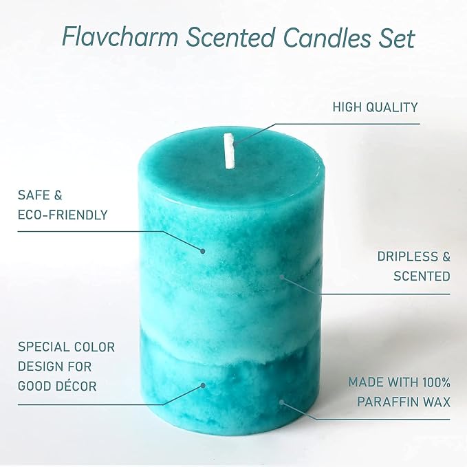 Pillar Candles Ocean Breeze Scented 3x4 inch Aqua Green Candle Clean Burning Smokeless Dripless Candles for Home Scented, Dinner Table, Fireplace Coastal Ocean Bathroom Decor - 3 Pack