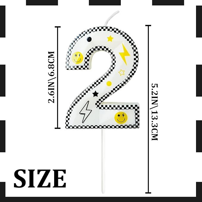 Number 2 Birthday Candle for Cake – 2.7 Inch Large Size Black White Checkered Smiley Design with Lightning & Star – two Happy Dude Theme Cake Topper Decoration