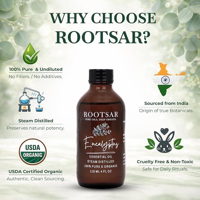 Eucalyptus Essential Oil – 100% Pure Organic Eucalyptus Oil, Steam Distilled, 4 FL OZ / 118 ML – Premium Essential Oil for Diffuser, Aromatherapy, Massage, Skin Care, Candle & Soap Making
