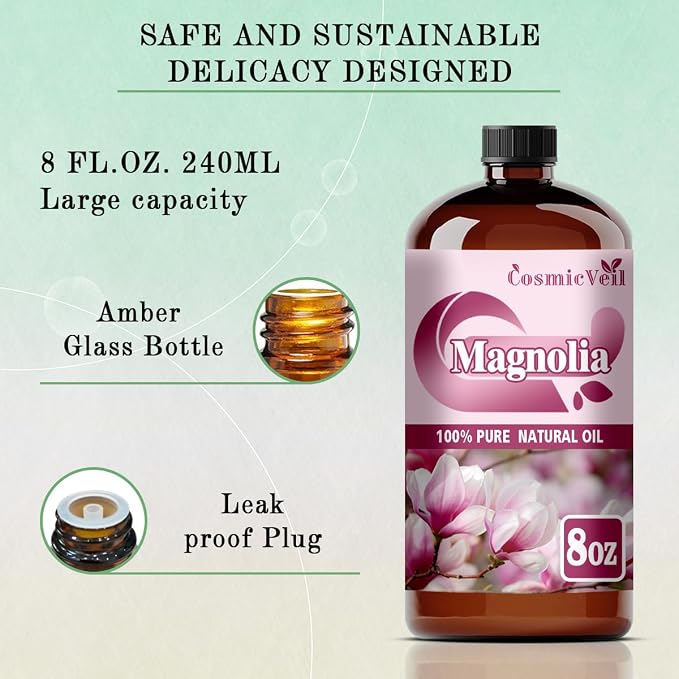 Magnolia Essential Oil Magnolia Oil for Aroma Diffuser,Humidifier,Home Fragrance,Cleaning,Body Care,Massage,Yoga,DIY Candle,DIY Soap CosmicVeil（Magnolia，8 Fl Oz (Pack of 1)）