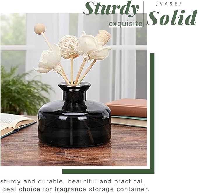 1Pcs 200ml/6.8oz Round Glass Diffuser Bottle Aromatherapy Bottle Essential Oils Container Decorative Diffuser Jars for Home Fragrance Accessories (Black)