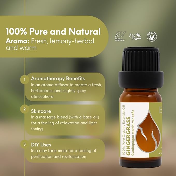 Essences Bulgaria Organic Gingergrass Essential Oil 0.34 Fl Oz | 10ml | Cymbopogon Martini VAR. Sofia | 100% Pure and Natural | Undiluted | Therapeutic Grade | Aromatherapy | Cosmetics | Cruelty Free
