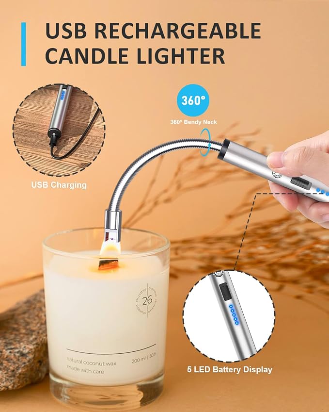 5 in 1 Candle Care Kit, Elegant Candle Wick Trimmer Set, Candle Lighter Set, Candle Snuffer, Candle Tray, Candle Wick Dipper, Candle Accessories Set for Candle Lover (Silver)