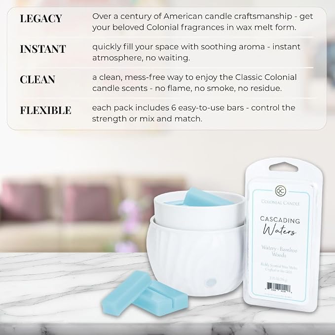 Colonial Candle Cascading Waters Scented Wax Melts, Wax Melt Warmer Cubes, Long Lasting Scented Wax Warmer Cubes, 4 Pack, 6 Cubes Each - Made in The USA