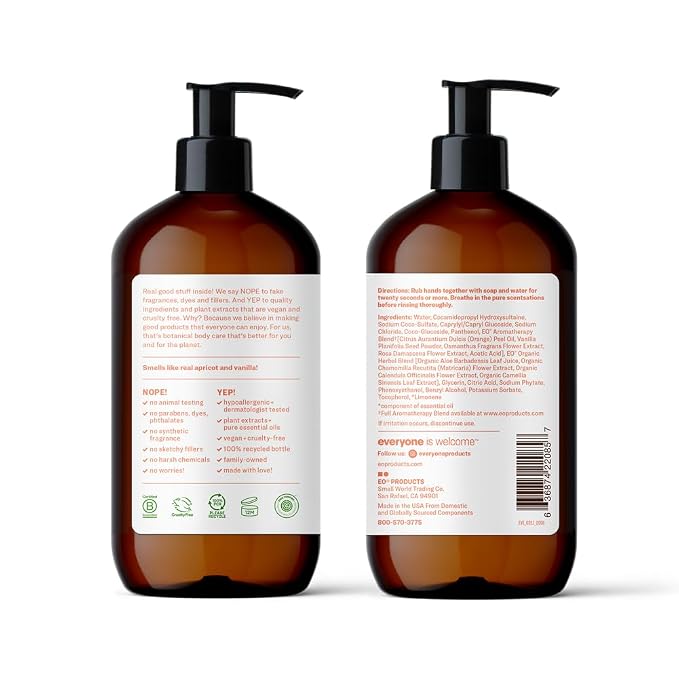 Everyone Liquid Hand Soap,12.75 Ounce,Apricot and Vanilla,Plant-Based Cleanser with Pure Essential Oils,(Pack of 6)