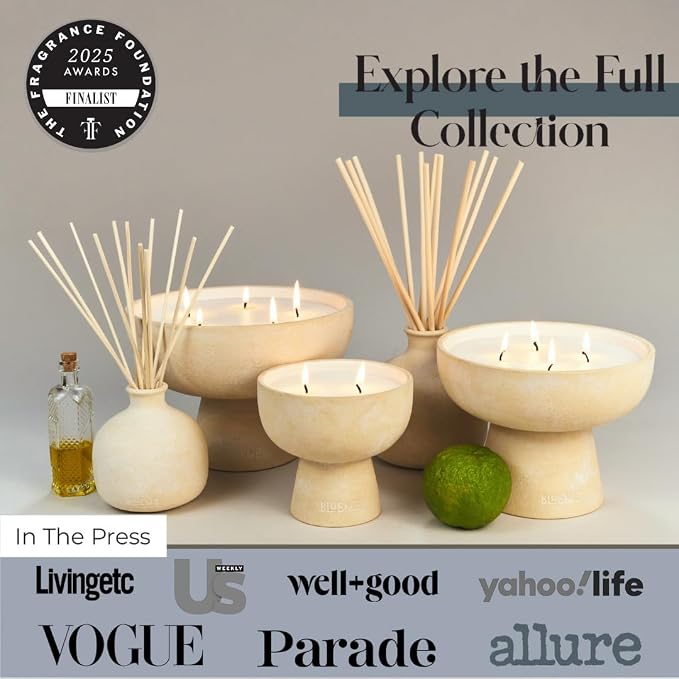 Blueme Nostalgia Candle | Bergamot & Musk | 4 Wick - Refillable Wellness Candle with Essential Oils, Hand Finished & Poured Soy Wax Blend Ceramic Vessel, Natural Cotton Wicks | Large 24 oz