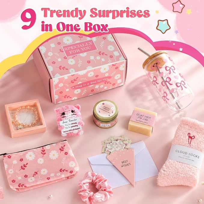 Birthday Gifts Baskets for Women, Get Well Soon Care Package for Girls | 9 PCS Sweet Pink Teen Girl Gift Trendy Stuff, Pick Me Up Gift Box, Surgery Recovery Care Package , Cheer Up Feel Better