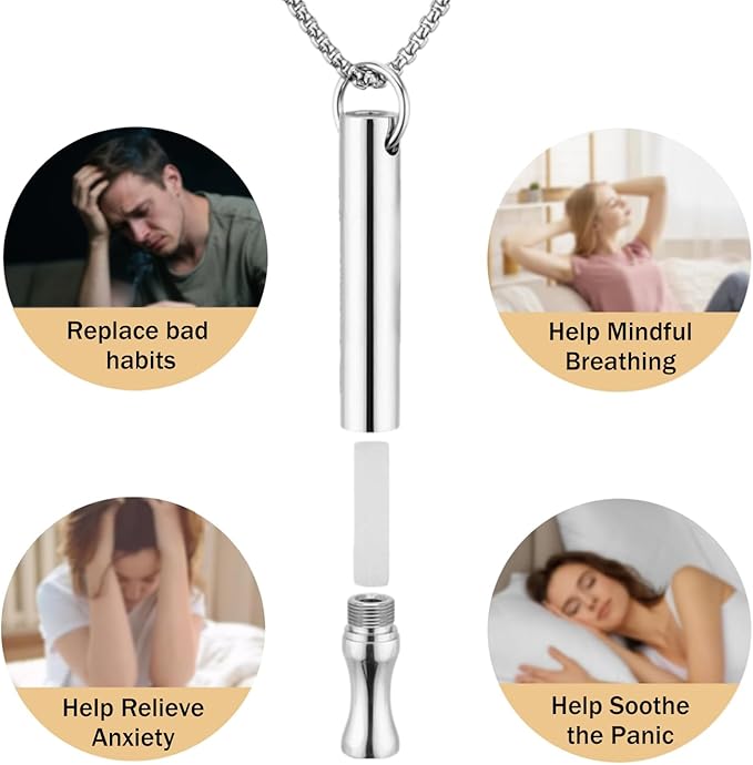 LAMKHOO Breathing Necklace to Quit Smoking and Vaping - Refillable Essential Oil Diffuser, Fidget Necklace for Anxiety Relief, Smokeless Inhaler with 4 Cotton Pods