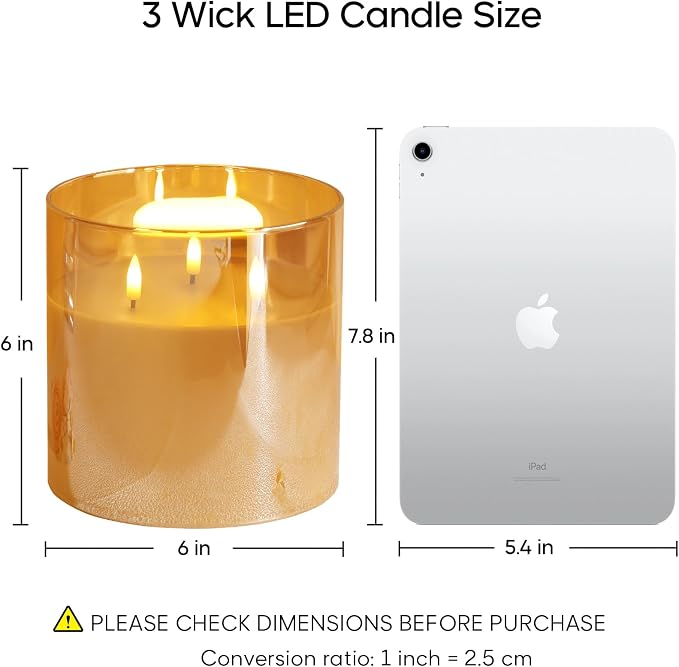 Eywamage 3 Wick Gold Glass Flameless Candle with Remote, Large Flickering LED Battery Pillar Candle Φ 6" H 6"