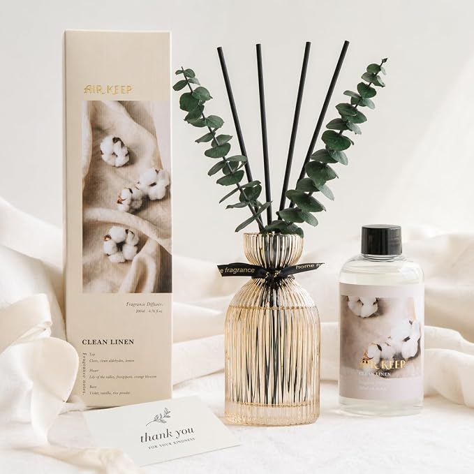 Airkeep Reed Diffuser Set 6.76 oz – Clean Linen Decorative Home Fragrance with Eucalyptus Sticks, Ribbed Glass Diffuser for Bathroom & Bedroom Décor, Gift Ready