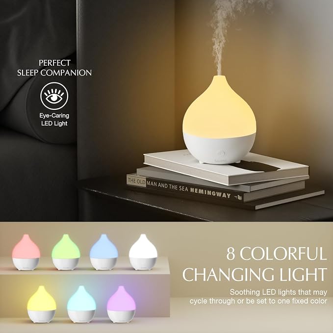 SALKING Essential Oil Diffuser, 100ml Small Aromatherapy Diffuser for Essential Oils, Auto Shut-Off Ultrasonic Diffusers, Cool Mist Humidifier with Warm White Lights, for Office Home (White)