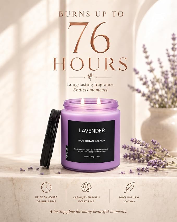 Lavender Scented Candle for Bedroom, 13oz Soy Wax Candle, 2-Wick Frosted Glass Jar, 70–80 Hour Burn Time, Calming Home Fragrance for Relaxation, Self Care Gifts for Women