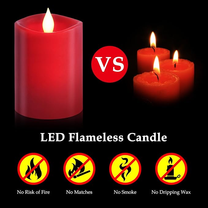 3x4 inch Red Flameless Candles: Realistic Flameless LED, Battery-Powered Pillar Candles with Remote & Timer, Fake Candles for Fall Decor, (Red, 3"*4"-1pcs)