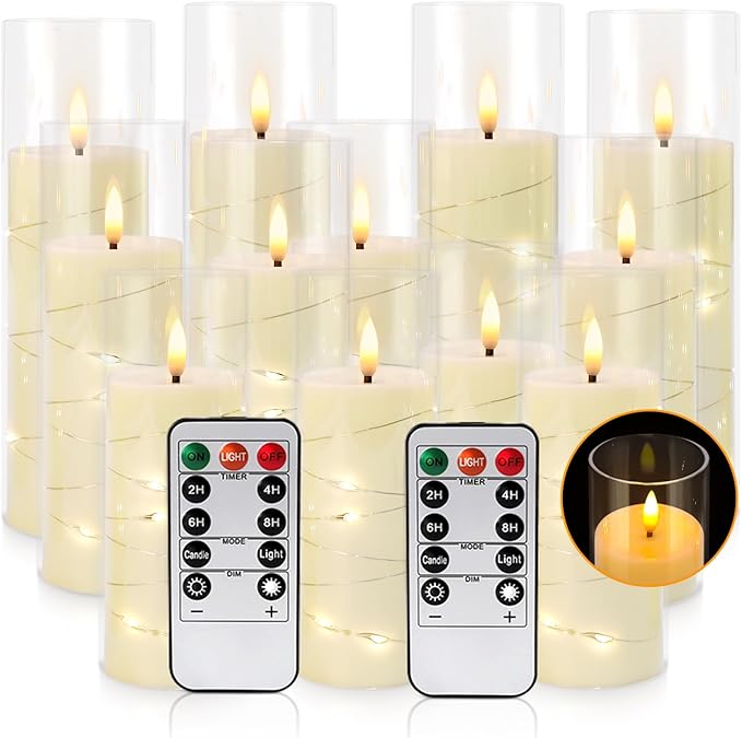 YOROXRG Flickering Flameless Candles Battery Operated with Remote, LED Pillar Candles with Realistic Moving Wick for Halloween, Christmas, Home Decor Pack of 12 (D2.2 x H 5" 6" 7") Ivory